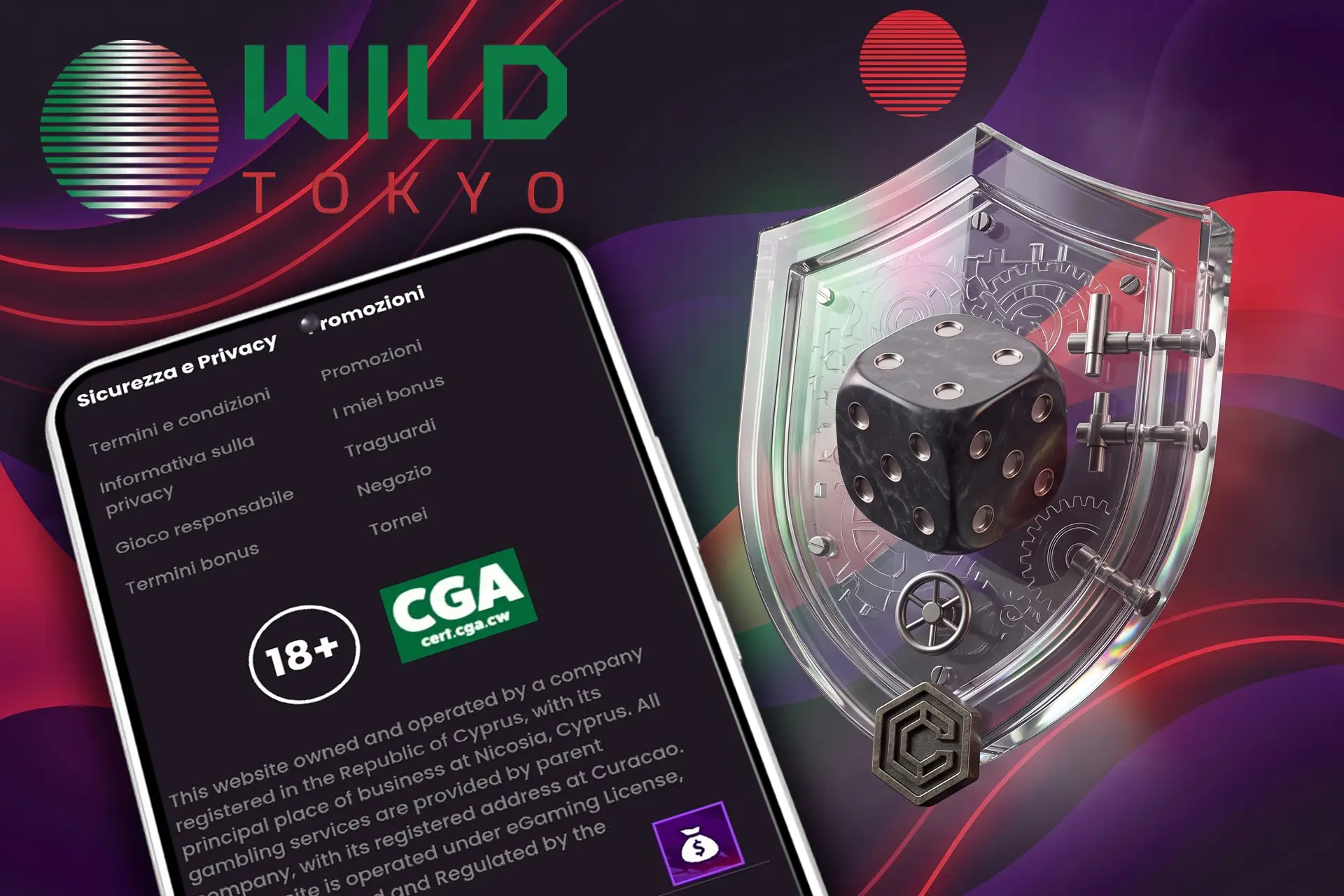 Informazioni sulla licenza di gioco responsabile e privacy di Wild Tokyo, evidenziate dallo schermo del telefono protetto da un solido scudo di vetro con un dado